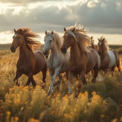 A group of wild horses galloping across an open field, their flowing manes and tails creating a sense of freedom and untamed beauty  - obrazy, fototapety, plakaty