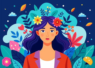 Woman with flower illustration in the background, good mental health lifestyle and selfcare vector