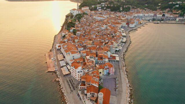 Aerial view of the Piran old town at sunrise in Slovenia
