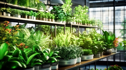 A panoramic view captures the essence of a greenhouse, where a bounty of organic vegetables and herbs flourish, nurtured by sunlight and tender care.