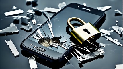 A broken padlock lying next to a shattered smartphone screen, symbolizing the vulnerability of digital devices to hacking attacks.