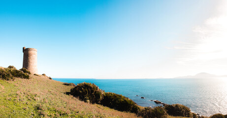 Old tower in front of the coast (Torre Guadalmesí, Strait of Gibraltar)