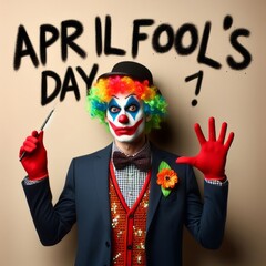 Clown with april fools day text on a beige background