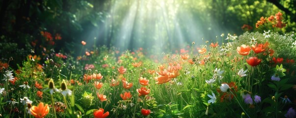The blooming flowers banner. surrounded by green nature and shining sun. - obrazy, fototapety, plakaty