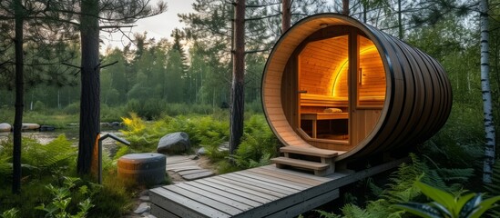 A wooden barrelshaped sauna nestled in the midst of a lush forest, blending harmoniously with the natural landscape. The heat emanating from the sauna creates a cozy retreat in the serene setting - obrazy, fototapety, plakaty