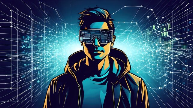 A stylized illustration of a hacker wearing augmented reality glasses, visualizing data streams and digital information overlays.