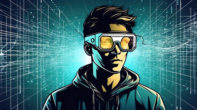 A stylized illustration of a hacker wearing augmented reality glasses, visualizing data streams and digital information overlays.