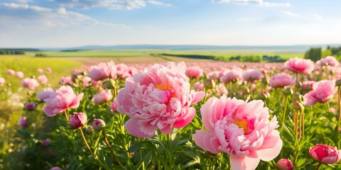 Bouquet of pink peonies amidst a picturesque field under a serene sky. Concept Floral Arrangement, Nature Photography, Outdoor Scenery, Relaxing Atmosphere, Botanical Beauty - obrazy, fototapety, plakaty