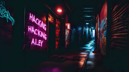 A dark alley lit by neon signs, with graffiti depicting hacking symbols and digital art, reflecting...