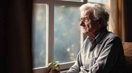 elderly senior male or depressed grandpa at nursing home living room on quarantine looking out window feeling sad - obrazy, fototapety, plakaty