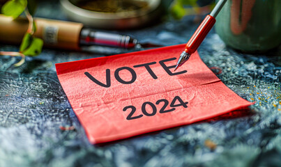 Red sticky note with VOTE 2024 text isolated on a light background, symbolizing political engagement, election campaigns, and the importance of voting - obrazy, fototapety, plakaty
