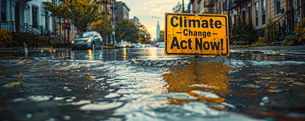 Sign submerged in water with Climate Change: Act Now! against a cityscape, symbolizing the immediate need for action against rising water levels - obrazy, fototapety, plakaty
