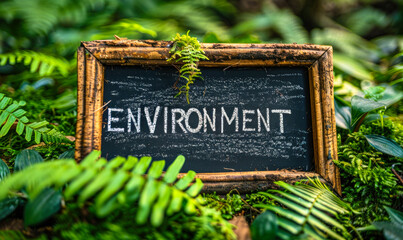 Black chalkboard with the word ENVIRONMENT written in white chalk, nestled in lush green grass, symbolizing ecological awareness and nature conservation