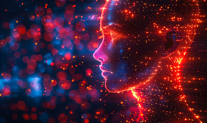 Illuminated Digital Human Profile with Glowing Particles, Symbolizing Artificial Intelligence, Network Technology, and Data Science Against a Cosmic Background