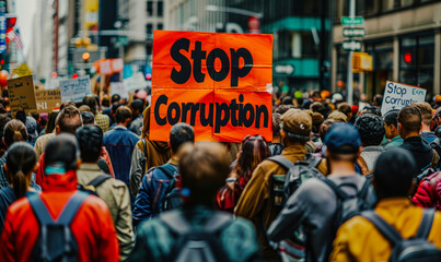 Crowd of protesters with a bold Stop Corruption sign, rallying on urban streets for political integrity, governance reform, and anti corruption movements