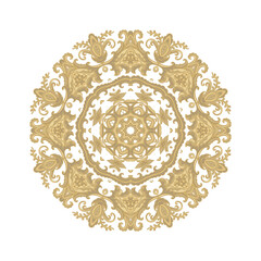 Ornamental golden laced vector floral composition, flourish vignette, rosette, mandala on white background