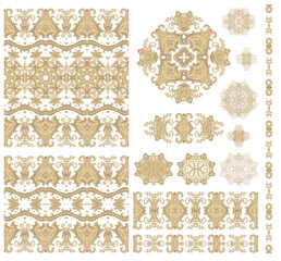 Set of golden decorative elements - ornamental rosette, mandala, ornamental vector border ribbon, openwork texture oriental style, on white background
