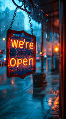 Welcoming We're open signboard hanging on a glass door with warm orange lighting, inviting customers into the establishment signaling business readiness