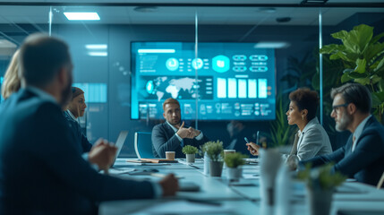 Team meeting in a modern future meeting room. Holographic flipchart on the wall, plans are discussed