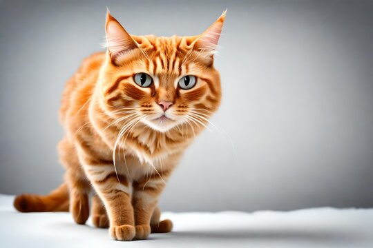 Angry funny ginger cat standing on transparent  white