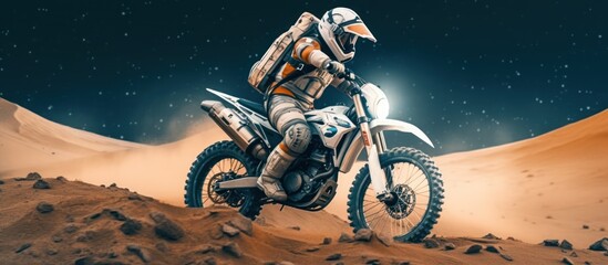 astronaut in spacesuit riding a motorbike on desert with a moon