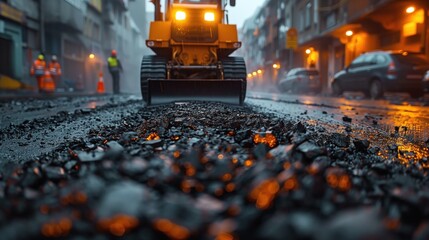 Close-up of a car rolling on the road working at a new road construction site.