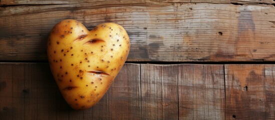 A heartshaped potato is resting on a hardwood table, ready to be used as a natural ingredient in a...