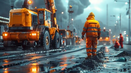 Workers construct asphalt roads and work on asphalt roads. construction site new asphalt road road construction worker and road construction machinery scenes. - obrazy, fototapety, plakaty