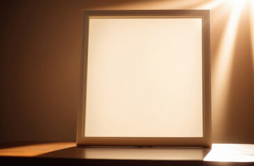 Blank white picture frame on wooden table with sunlight. Mock up