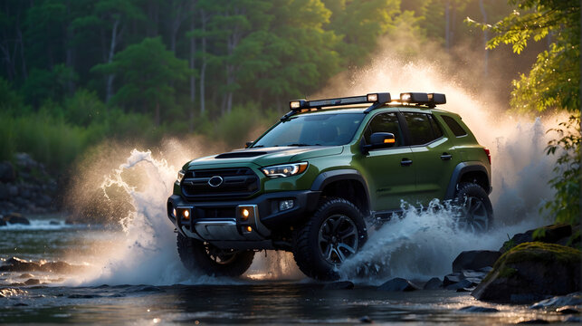 Modern off road vehicle driving trough river in the forest, auto adventure concept, automotive background, action wallpaper