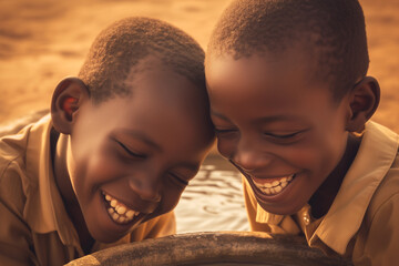 boys in rural africa smiling at a well