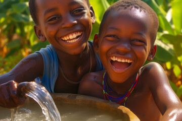 boys in rural africa smiling at a well