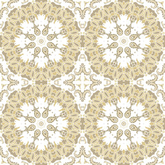Golden seamless ornamental laced  vector pattern, on white background