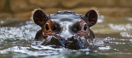 Fototapeta premium Close up of a peaceful hippo swimming in the calm water of a river