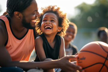 
smiling african american kid playing basketball with her mom and dad on the basketball court stock photo, in the style of uhd image, energetic