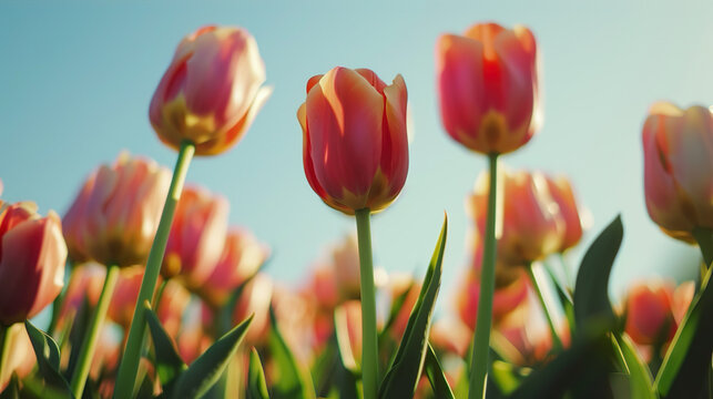 close up of flower field with orange and red tulips under blue sky pictured from below

