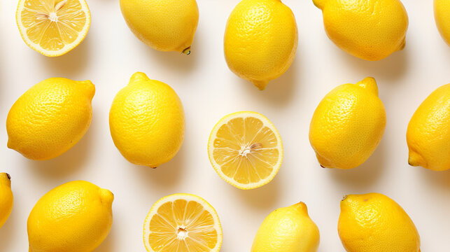 top down view of lemons evenly distributed on white background