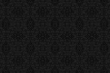 Embossed black background, cover design. Handmade, boho. Geometric exotic 3D pattern. Ornaments, arabesques. Vintage art of the East, Asia, India, Mexico, Aztec, Peru. Ideas for creativity. 