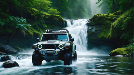 Modern off road vehicle driving trough river in the forest, auto adventure concept, automotive...