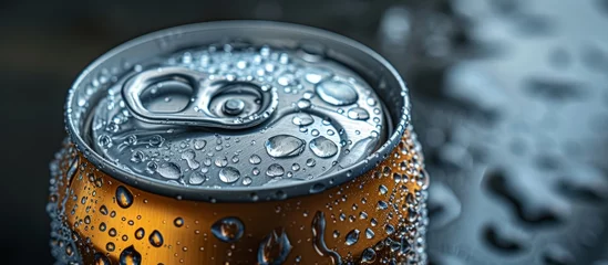 Fotobehang Refreshing cold can of beer with condensation droplets, ready to quench thirst on a hot day © TheWaterMeloonProjec