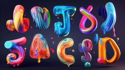 3d colorful alphabet set. Letters and numbers made of flowing liquid.