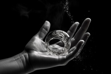 Science, sci-fi, fantasy, nature concept. Close-up view of human hand holding surreal, round and levitating in air small object in liquid uneven form