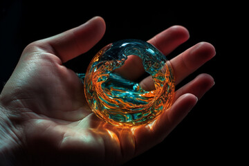 Science, sci-fi, fantasy, nature concept. Close-up view of human hand holding surreal, round and levitating in air small object in liquid uneven form