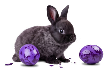 Super Cute black Easter baby rabbit with colorful violet eggs on white background.
Isolated on white, cut out background, ready to use png element