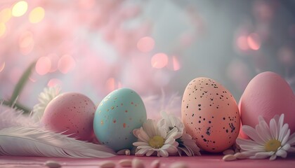 Fototapeta na wymiar Easter pastel cute pink eggs on rustic table with cherry blossoms, feathers. Natural dyed colorful eggs on wooden board and spring flowers countryside cottage core atmospheric banner copyspace