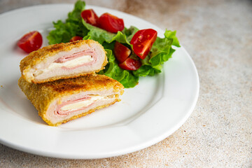 cutlet cordon bleu chicken meat, ham slice, cheese fresh food tasty eating cooking appetizer meal food snack on the table copy space food background