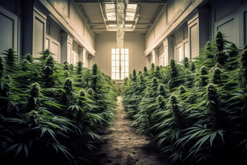 Cannabis marijuana science lab farming focused on increasing THC and CBD chemicals in cannabis flowers. Greenhouse ensures controlled environment for medical industry standards. - obrazy, fototapety, plakaty
