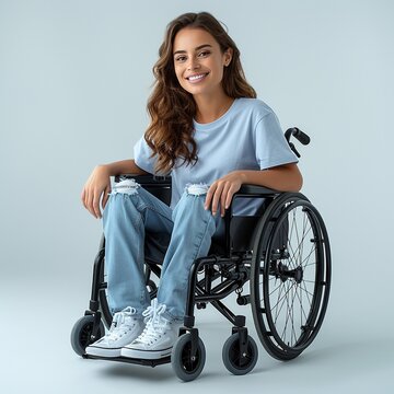 Portrait of a smiling young woman sitting in a wheelchair on gray background. AI.