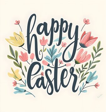 Happy Easter banner. Trendy Easter design with typography, cute painted strokes, eggs and bunny in pastel colors. Modern minimal style horizontal poster, greeting card, header for website