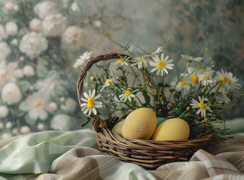 Easter colorful eggs in a basket, feathers in nest on a blue wooden background, fresh green flowers, countryside Nordic style Minimalistic concept Card with a copy of the place for the text, banner